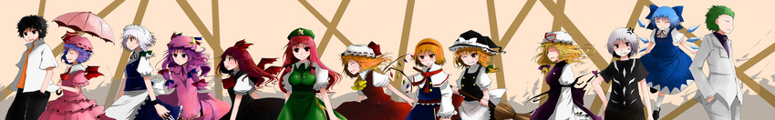 6+girls absurdres accelerator alice_margatroid anger_vein arano_oki aureolus_ezzard bat_wings black_eyes black_hair blonde_hair blue_hair blush book bow braid broom brown_eyes capelet chinese_clothes cirno closed_eyes crescent crossover crystal demon_wings detached_wings flandre_scarlet green_hair grin hair_bow hairband hat hat_bow hat_ribbon head_wings highres hong_meiling ice ice_wings izayoi_sakuya kamijou_touma kirisame_marisa knife koakuma long_hair long_image long_sleeves maid maid_headdress multiple_boys multiple_girls necktie one_eye_closed open_mouth patchouli_knowledge puffy_sleeves purple_eyes purple_hair red_eyes red_hair remilia_scarlet ribbon short_hair short_sleeves side_braid silver_hair single_braid smile standing star sweatdrop to_aru_majutsu_no_index touhou twin_braids umbrella weapon wide_image wide_sleeves wings witch_hat wristband yakumo_yukari