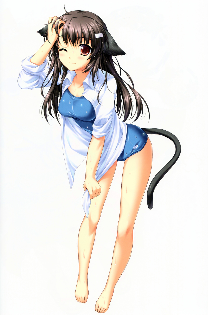 ;) absurdres alpha_(yukai_na_nakamatachi) animal_ears bare_legs barefoot brown_eyes brown_hair cat_ears cat_tail copyright_request hair_ornament hairclip highres leaning_forward one-piece_swimsuit one_eye_closed open_clothes open_shirt scan school_swimsuit shirt simple_background sleeves_rolled_up smile solo swimsuit swimsuit_under_clothes tail wet white_background