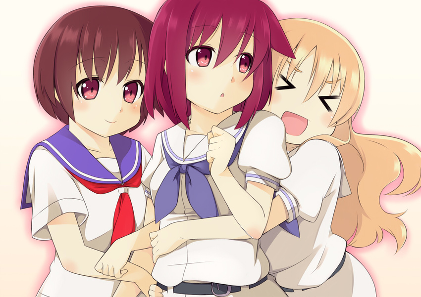 &gt;_&lt; blonde_hair blush brown_hair closed_eyes hug kiyosumi_school_uniform long_hair miyanaga_saki miyanaga_teru multiple_girls neckerchief oohoshi_awai red_eyes red_hair red_neckwear saki sasakura school_uniform serafuku shiraitodai_school_uniform short_hair smile