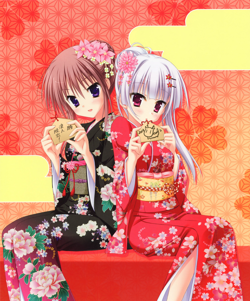 absurdres asa_no_ha_(pattern) blush braid egasumi ema floral_print flower hair_bun hair_flower hair_ornament hairclip hatsuyuki_sakura highres holding japanese_clothes kimono kouhaku_nawa kozakai_aya long_hair looking_at_viewer moribe_(rabumanyo) multiple_girls new_year obi open_mouth pink_eyes purple_eyes sash scan silver_hair sitting tamaki_sakura toranosuke