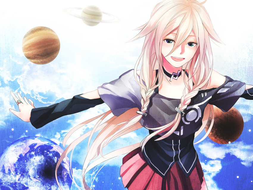 bad_id bad_pixiv_id blue_eyes braid earth hara_niichi ia_(vocaloid) jewelry jupiter long_hair mars open_mouth outstretched_arms pink_hair planet ring saturn smile solo spread_arms twin_braids very_long_hair vocaloid