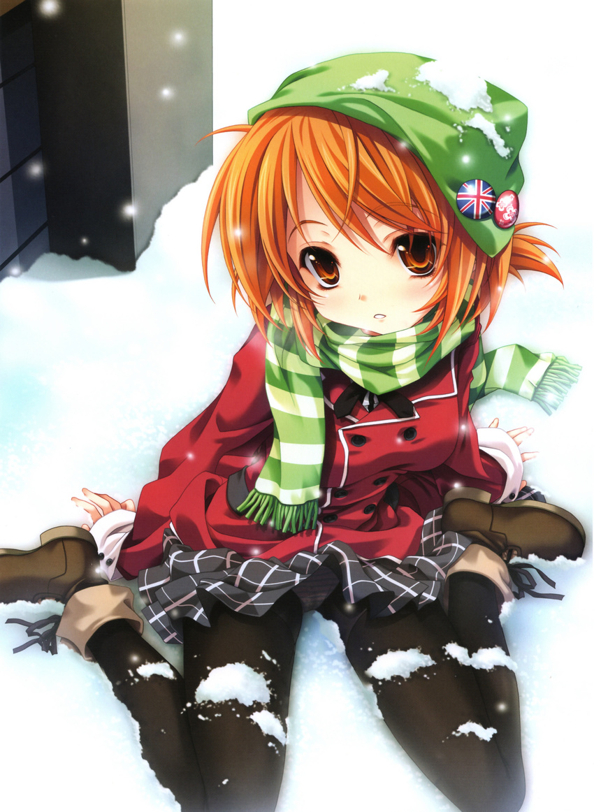 absurdres badge black_legwear blush breath brown_eyes button_badge coat green_scarf hat highres leaning_forward looking_at_viewer miyama-zero orange_hair original panties panties_under_pantyhose pantyhose parted_lips plaid plaid_skirt scan scarf school_uniform short_hair sitting skirt snow snowing solo striped striped_panties striped_scarf thighhighs thighhighs_over_pantyhose underwear union_jack wariza