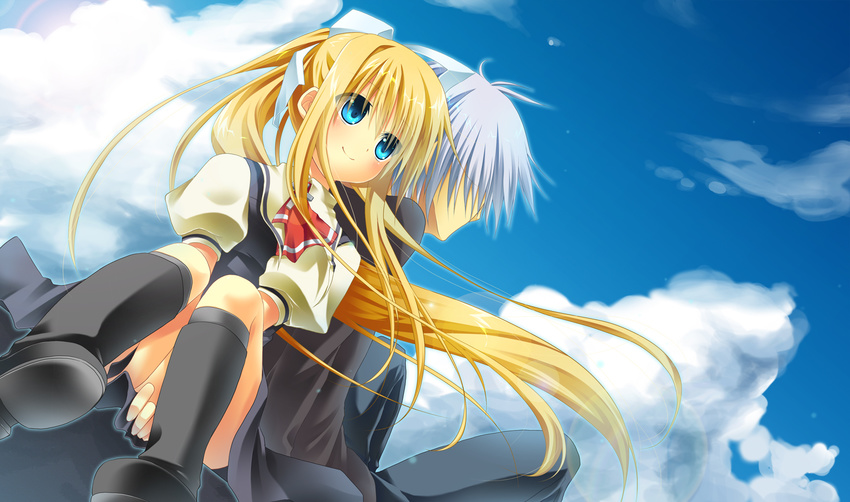 1girl air back-to-back blonde_hair blue_eyes closed_eyes day hanamiya_natsuka highres kamio_misuzu kunisaki_yukito long_hair ponytail school_uniform short_hair silver_hair sky