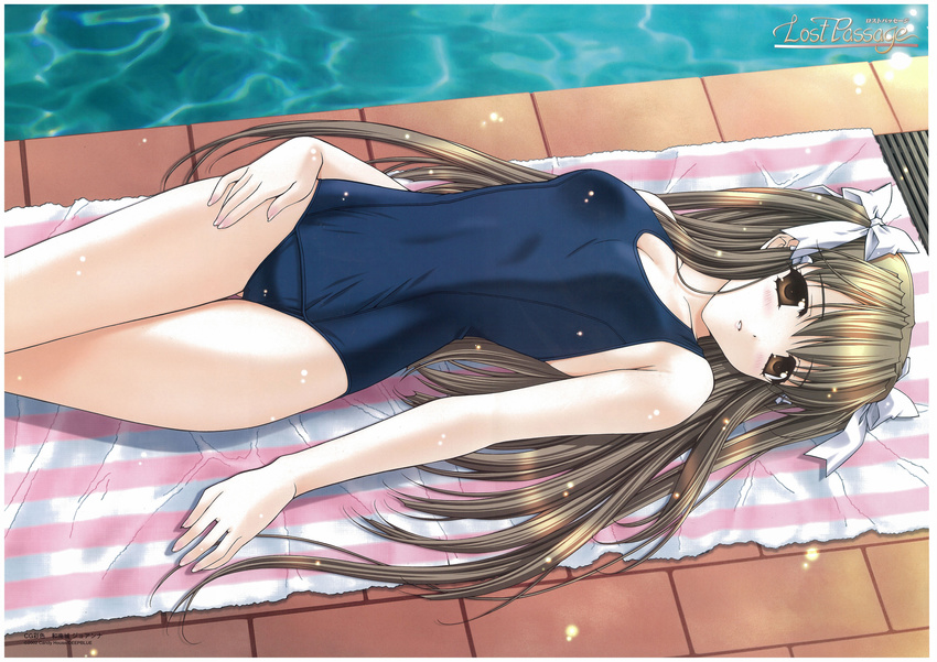 absurdres bare_shoulders blush border brown_eyes brown_hair copyright_name covered_navel drain_(object) hair_ribbon highres kimizuka_aoi long_hair looking_at_viewer lost_passage lying on_back one-piece_swimsuit parted_lips pool poolside ribbon school_swimsuit solo striped swimsuit towel very_long_hair water yamabuki_sayuki