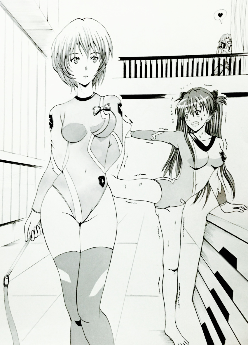 1boy 2girls aida_kensuke arm_up ayanami_rei bangs blush breasts camera covered_navel crotch feet full_body glasses gymnastics hair_between_eyes hair_ornament highleg highleg_leotard hips leg_grab leg_up legs leotard long_hair looking_over_shoulder multiple_girls neon_genesis_evangelion pantyhose rebuild_of_evangelion short_hair soryu_asuka_langley standing standing_on_one_leg stockings sweat thighs