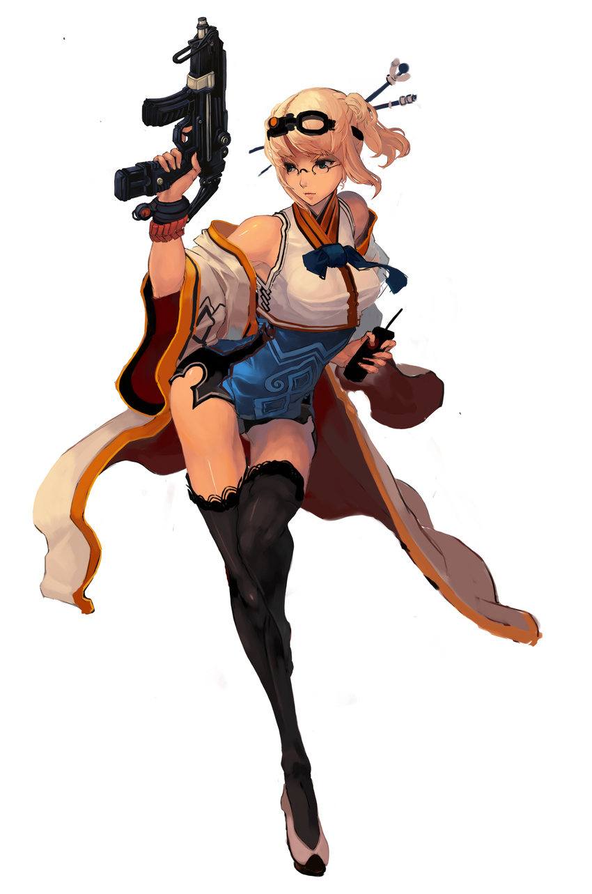 absurdres blonde_hair controller dnf dungeon_and_fighter female_gunner female_gunner_(dungeon_and_fighter) female_mechanic female_mechanic_(dungeon_and_fighter) glasses gun hair_ornament highres leggings remote_control robe weapon