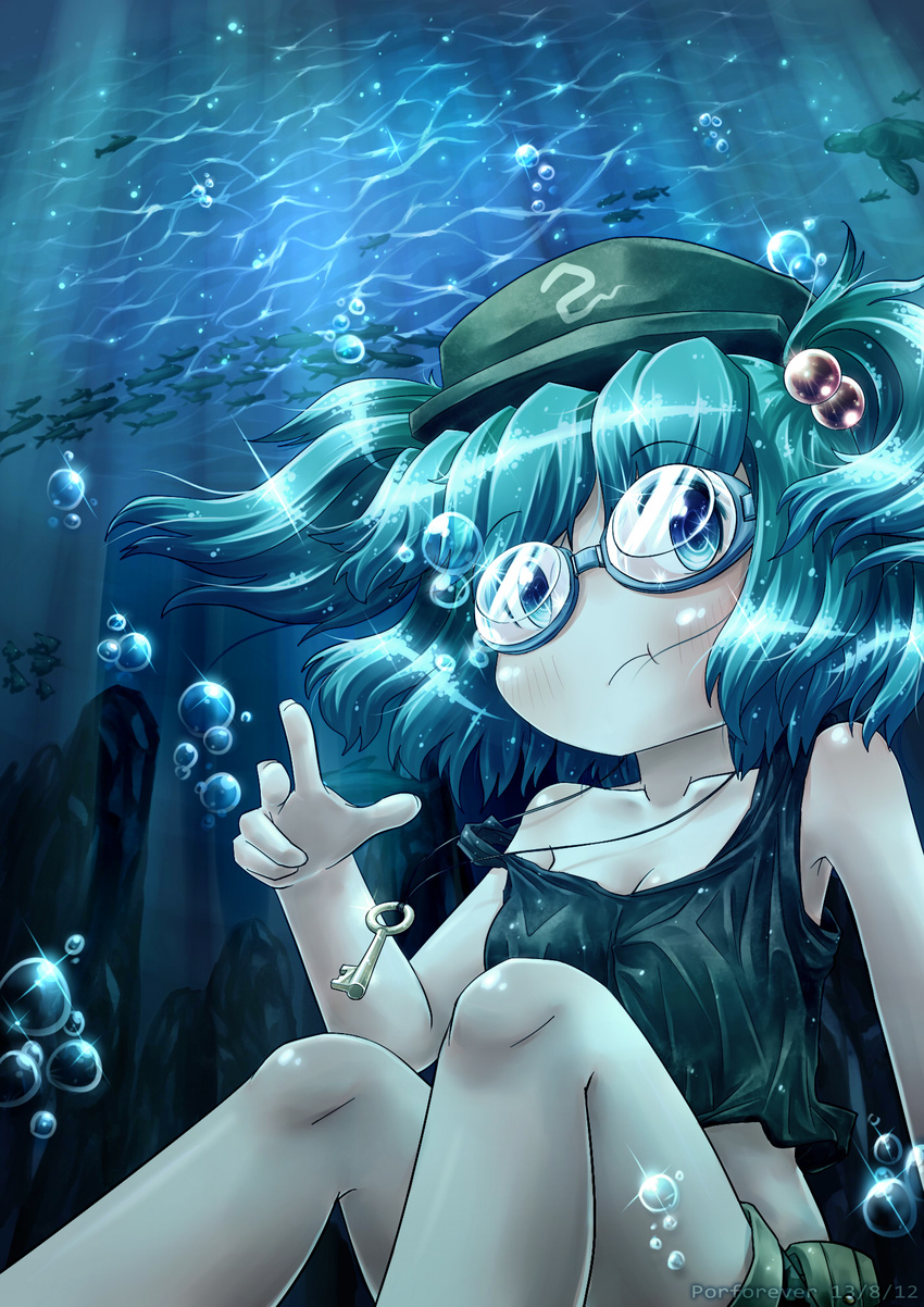 blue_eyes blue_hair fish goggles goggles_on_eyes hair_bobbles hair_ornament hat highres kawashiro_nitori key midriff porforever short_hair shorts solo tank_top touhou turtle two_side_up underwater v water