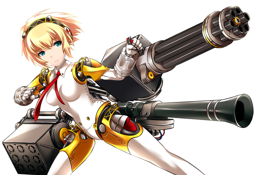 aegis_(persona) android blonde_hair blue_eyes gatling_gun gun headphones highres persona persona_3 persona_4:_the_ultimate_in_mayonaka_arena robot_joints short_hair smile solo weapon yoshimo