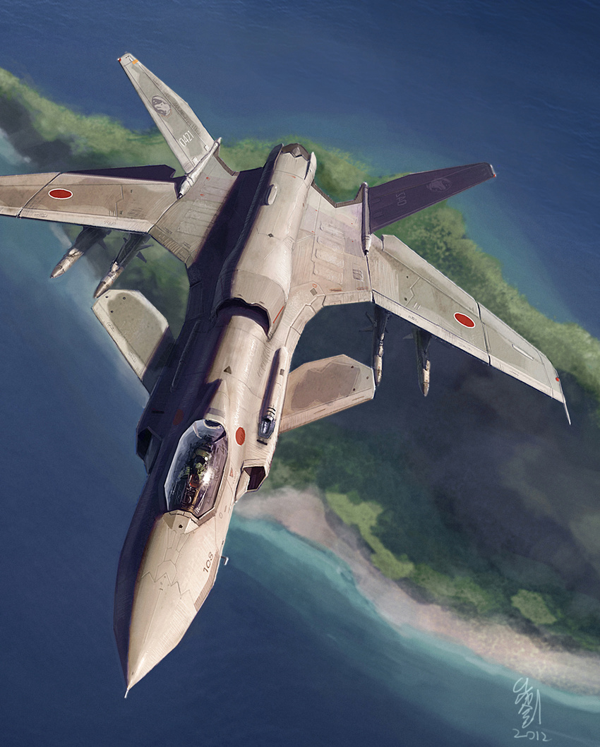 ace_combat ace_combat_assault_horizon aircraft airplane asf-x_shinden_ii fighter_jet highres island japan jet military military_vehicle missile no_humans ocean pilot_suit pvtskwerl realistic science_fiction signature solo