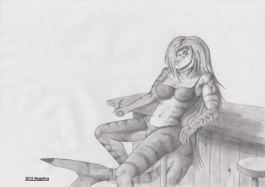 anthro bikini black_and_white clothed clothing female fish greyscale looking_at_viewer marine monochrome negative plain_background shark sharkgirl skimpy solo swimsuit the_negative tiger_shark tigershark tight_clothing