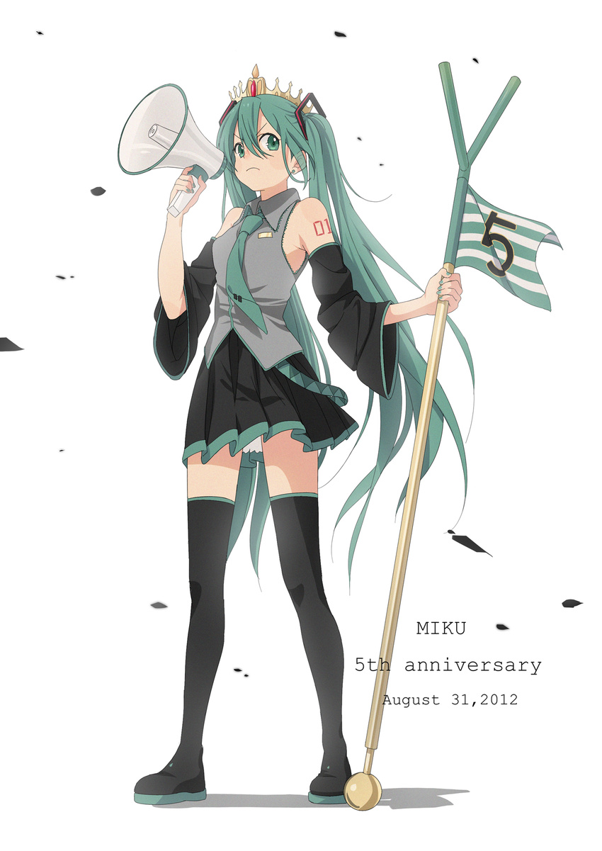 5 2012 bad_id bad_pixiv_id boots character_name dated detached_sleeves flag green_eyes green_hair hatsune_miku highres himano_(artist) long_hair megaphone necktie number numbered_flag simple_background skirt solo thigh_boots thighhighs twintails very_long_hair vocaloid white_background zettai_ryouiki