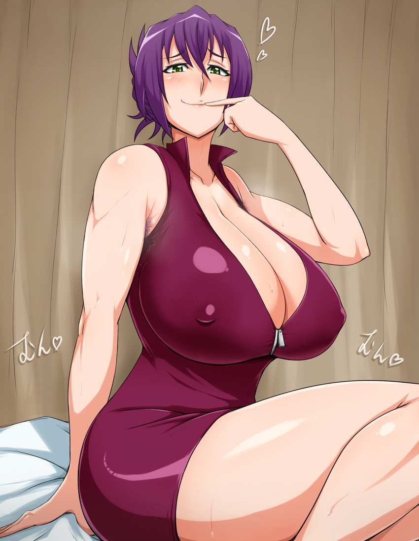 armpit_hair breasts cleavage covered_nipples dress gigantic_breasts green_eyes highres legs mumumu_(three_emu) oikawa_urara purple_hair seikon_no_qwaser short_dress short_hair sitting smile solo sweat thighs