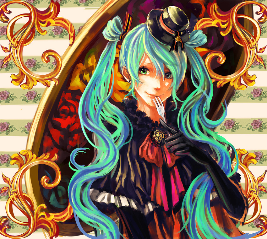 bad_id bad_pixiv_id earrings elbow_gloves fork gloves green_eyes green_hair hat hatsune_miku jewelry long_hair smile solo tsuyomaru twintails vocaloid
