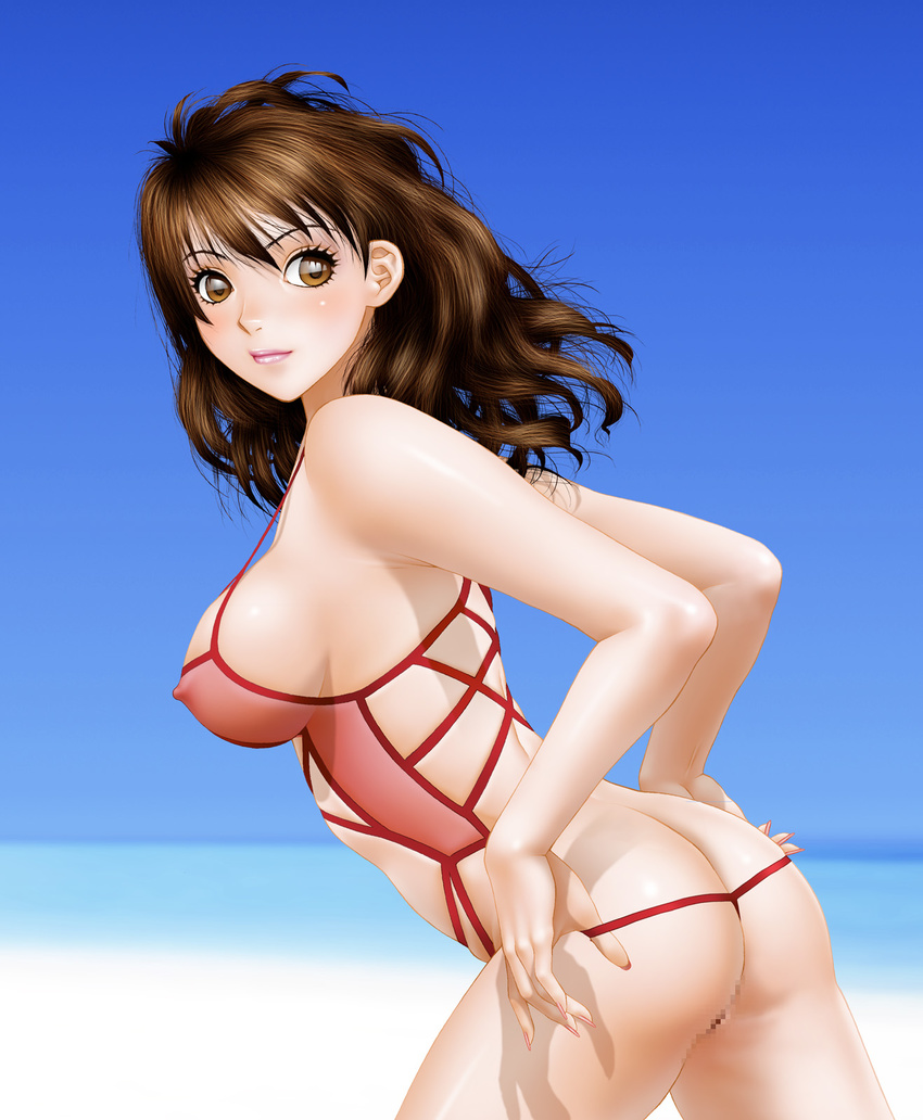 adjusting_clothes adjusting_swimsuit ass bikini blush breasts brown_eyes brown_hair censored covered_nipples fingernails highres large_breasts lips long_fingernails long_hair looking_back mosaic_censoring nipples one-piece_swimsuit original pussy shiny shiny_skin solo strap_gap swimsuit undressing yui_toshiki