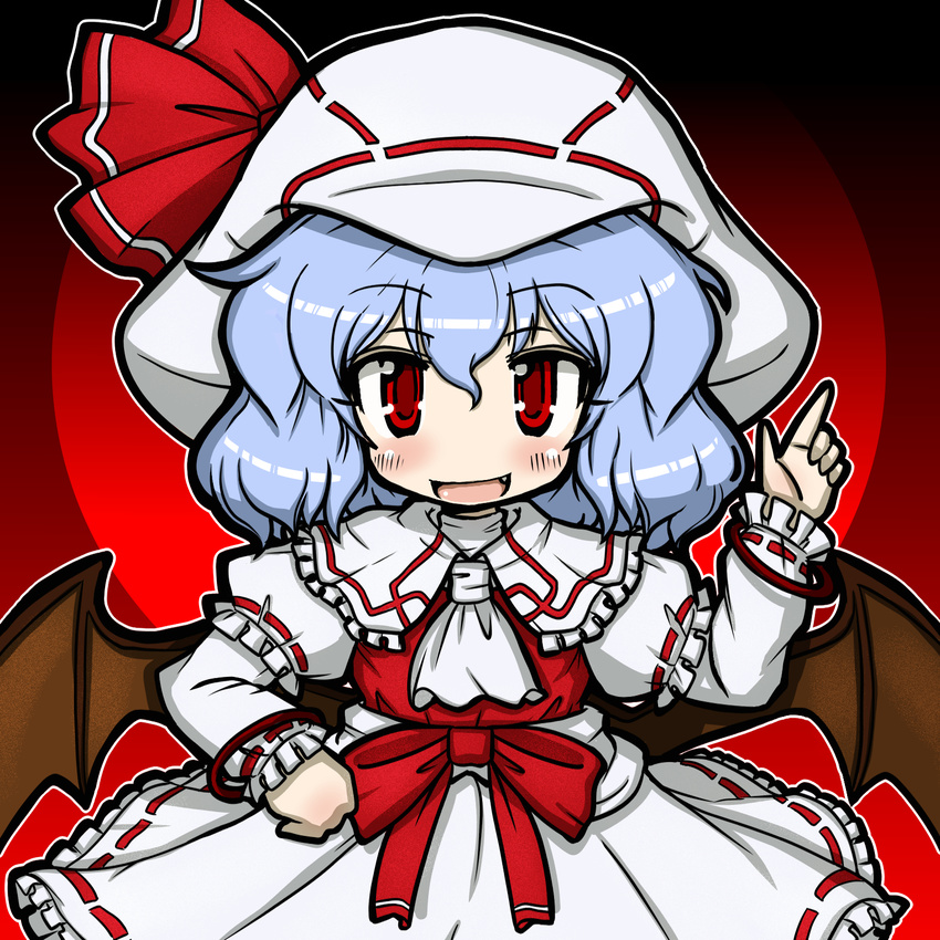 ascot bat_wings blue_hair blush curiosities_of_lotus_asia eruru_(erl) fang hat hat_ribbon highres long_sleeves open_mouth puffy_sleeves remilia_scarlet ribbon short_hair solo touhou wings wrist_cuffs