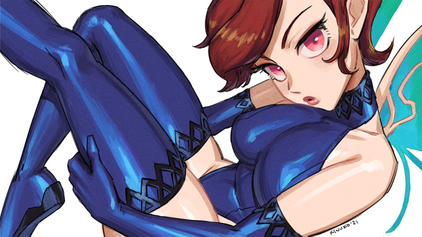 1girl blue_legwear blue_leotard breasts brown_hair elbow_gloves fairy fairy_wings gloves head_tilt highleg highleg_leotard highres leg_hold legs_together leotard looking_at_viewer mariel_cartwright o3o pink_eyes pixie_(megami_tensei) shin_megami_tensei short_hair simple_background solo thighhighs wings