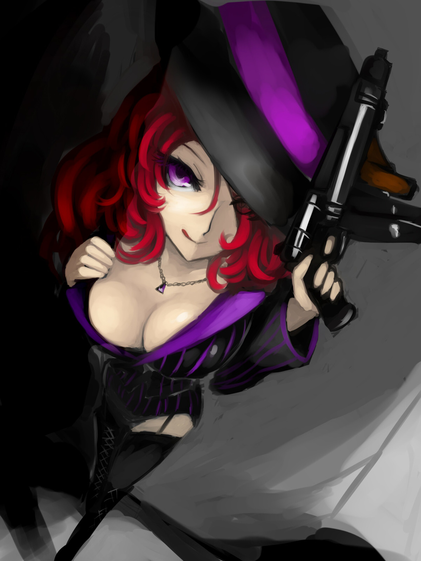 boots breasts cleavage cross-laced_footwear downblouse fedora from_above garter_straps gun handgun hat highres jewelry kumiko_shiba lace-up_boots large_breasts league_of_legends licking_lips mafia_miss_fortune naughty_face necklace pistol red_hair sarah_fortune solo striped thigh_boots thighhighs tongue tongue_out vertical_stripes weapon