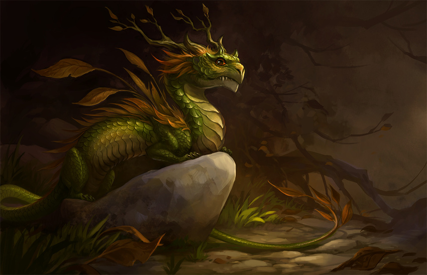 ambiguous_gender autumn brown_fur brown_theme chinese_dragon dragon feral forest fur grass green_scales invalid_color leaves looking_at_viewer orange_eyes rock sandara scales scalie solo tree wood