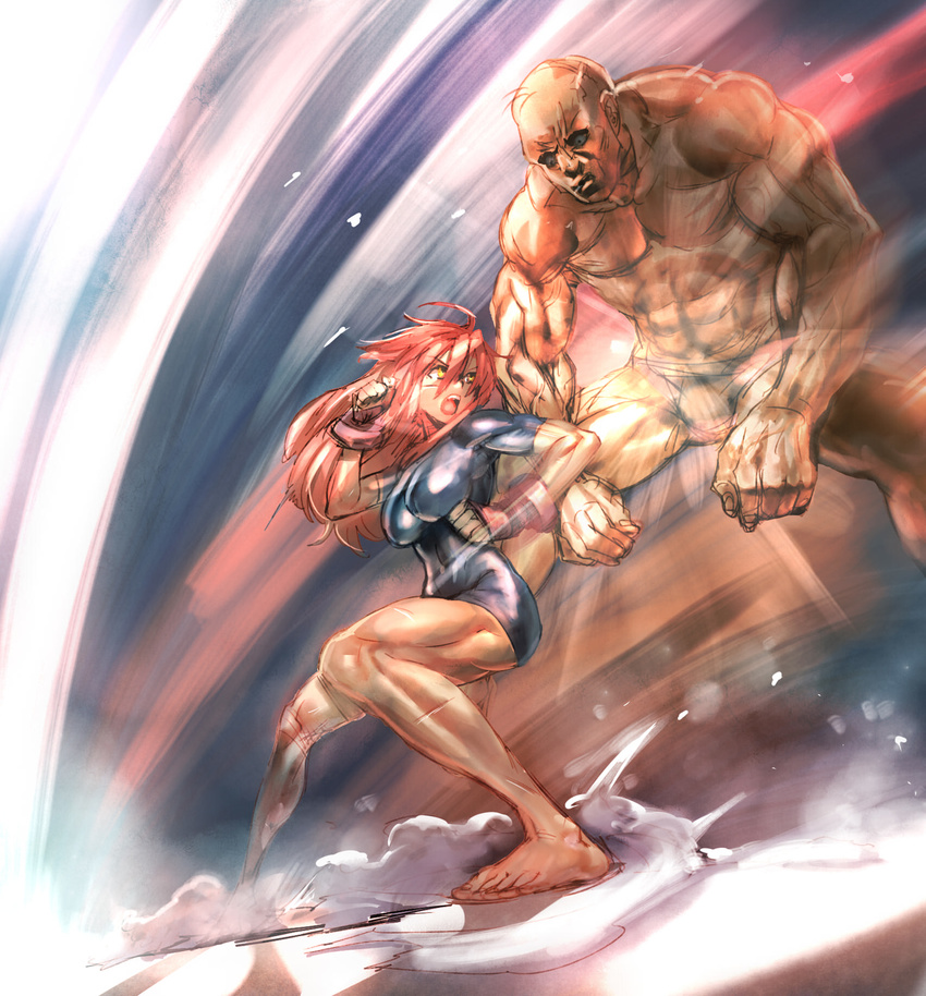 1girl abs action barefoot bodysuit bow_(artist) bow_(bhp) fighting highres martial_arts muscle red_hair scar scars