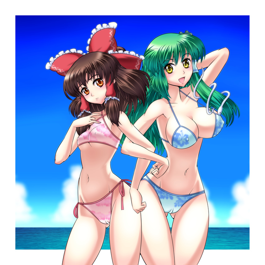 absurdres bad_anatomy bikini bow breast_envy breasts brown_eyes brown_hair cameltoe frog_hair_ornament green_hair hair_bow hair_ornament hair_tubes hakurei_reimu hand_on_hip highres kochiya_sanae large_breasts locked_arms long_hair md5_mismatch multiple_girls ocean raionsan side-tie_bikini snake_hair_ornament swimsuit touhou underboob yellow_eyes