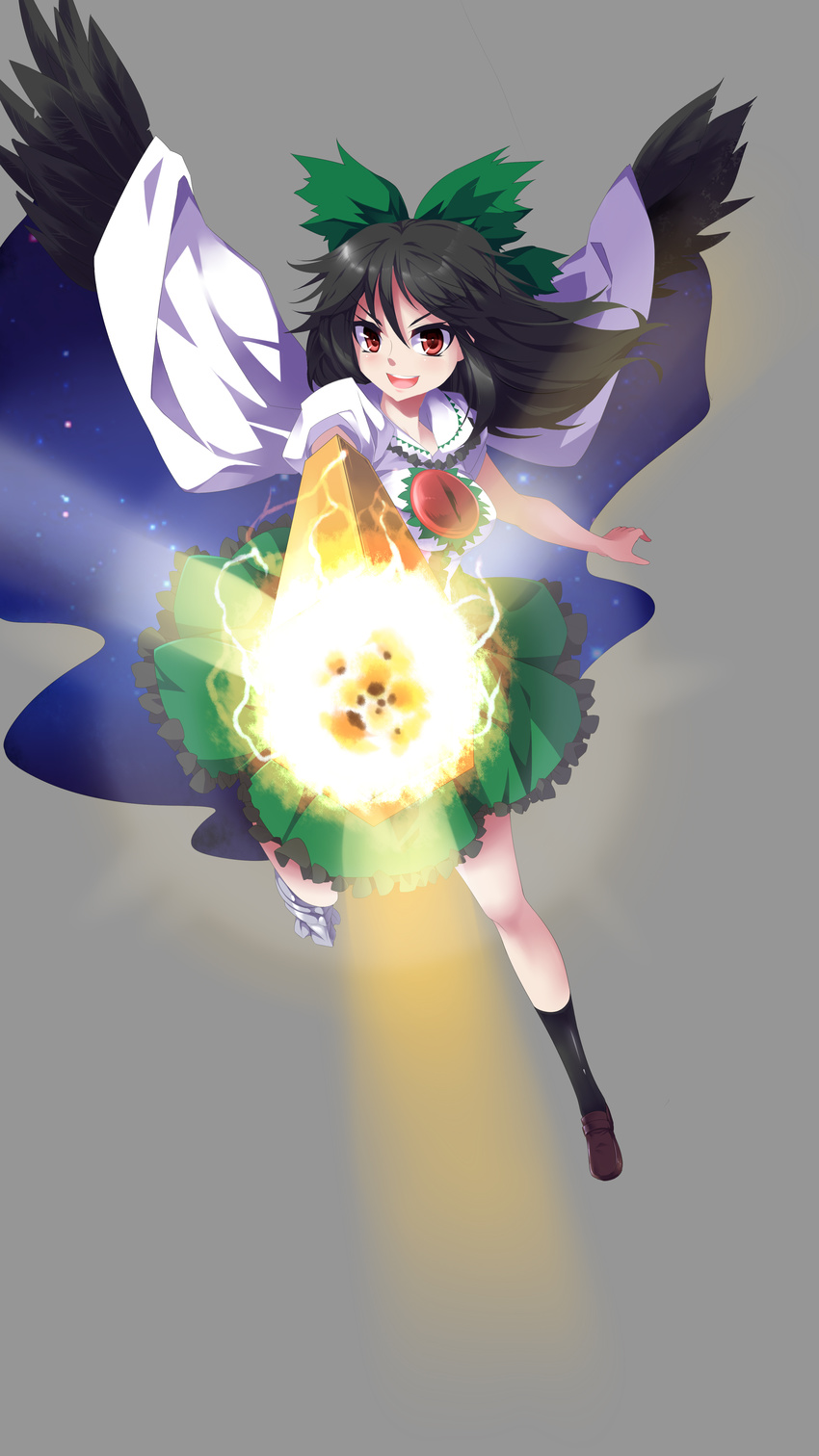 absurdres arm_cannon bird_wings black_hair black_wings bow cape hair_bow highres huangquan_dong_(sinchi) long_hair mismatched_footwear open_mouth puffy_sleeves reiuji_utsuho short_sleeves simple_background solo third_eye touhou weapon wings