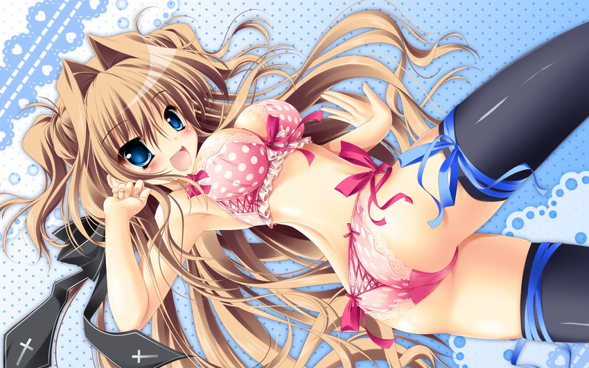 :d ass blue_eyes blush bow bow_bra bra breasts brown_hair cleavage highres kamiya_tomoe long_hair looking_at_viewer mashiroiro_symphony medium_breasts open_mouth panties pink_bra pink_panties polka_dot polka_dot_background polka_dot_bra polka_dot_panties sena_airi side-tie_panties smile solo thighhighs underwear underwear_only very_long_hair