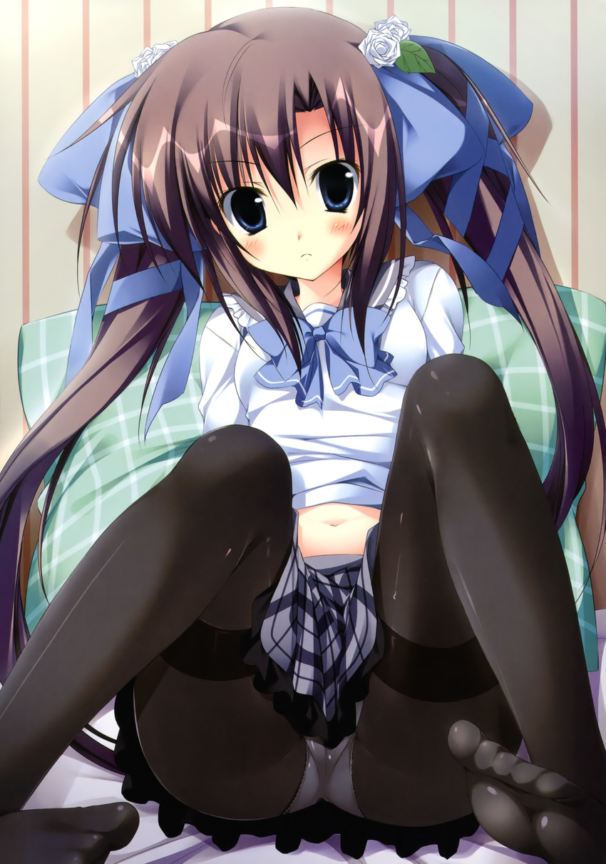 absurdres blue_eyes blush brown_hair flower frown hair_flower hair_ornament hair_ribbon highres ikinari_anata_ni_koishiteiru korie_riko lying midriff navel panties panties_under_pantyhose pantyhose ribbon school_uniform spread_legs thighband_pantyhose twintails underwear yanagise_eika