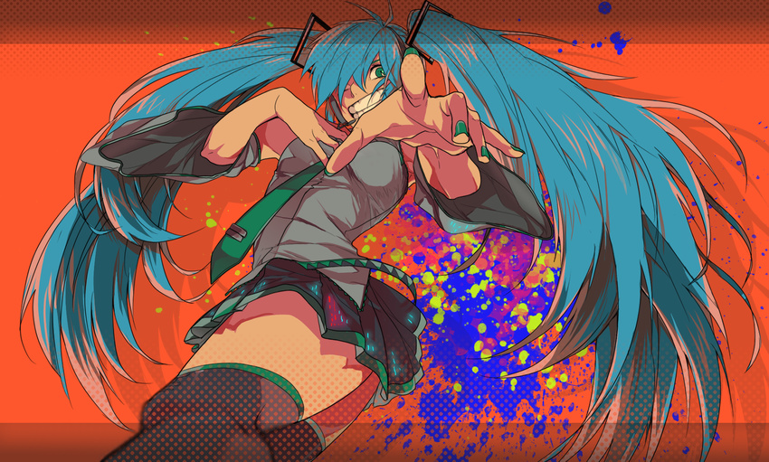 aqua_hair bad_id bad_pixiv_id detached_sleeves foreshortening green_eyes grin hatsune_miku headset long_hair looking_at_viewer nail_polish one_eye_closed renzu skirt smile solo thighhighs twintails very_long_hair vocaloid zettai_ryouiki