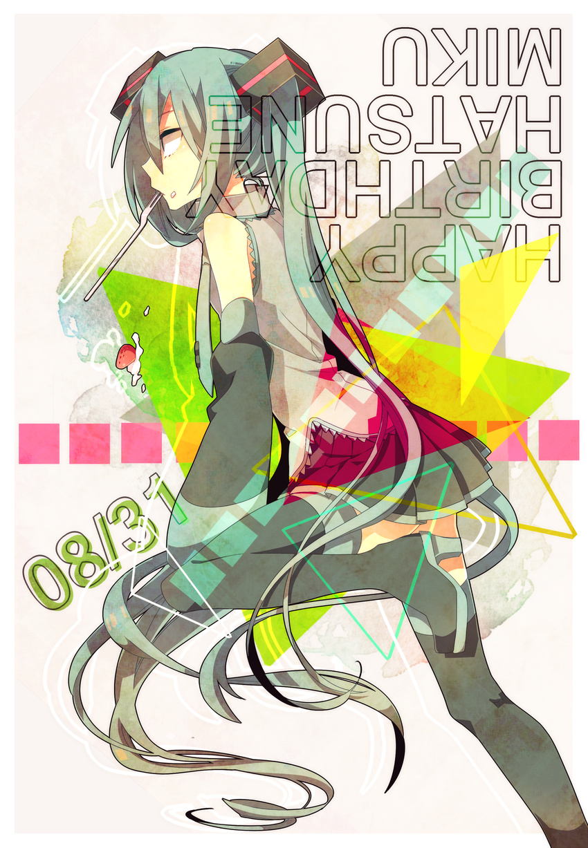 bad_id bad_pixiv_id boots character_name dated detached_sleeves food fork fruit green_hair happy_birthday haru_(oomr005) hatsune_miku high_heels highres long_hair mouth_hold necktie shoes skirt solo strawberry thigh_boots thighhighs twintails very_long_hair vocaloid