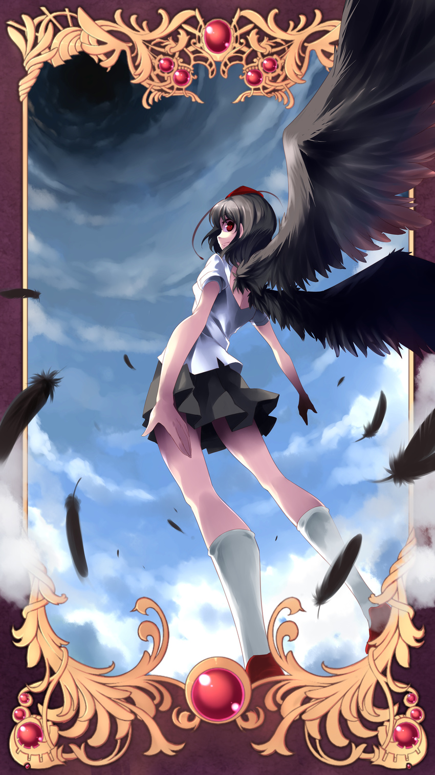 absurdres black_hair black_wings cloud feathers hat highres huangquan_dong_(sinchi) looking_at_viewer looking_back puffy_sleeves red_eyes shameimaru_aya short_hair short_sleeves sky solo tokin_hat touhou wings