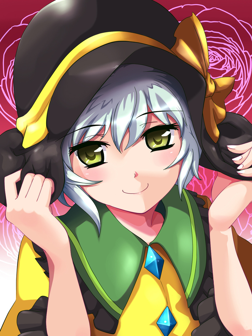 blush bow face green_eyes hat hat_bow hat_tug highres komeiji_koishi opilio short_hair silver_hair smile solo touhou upper_body