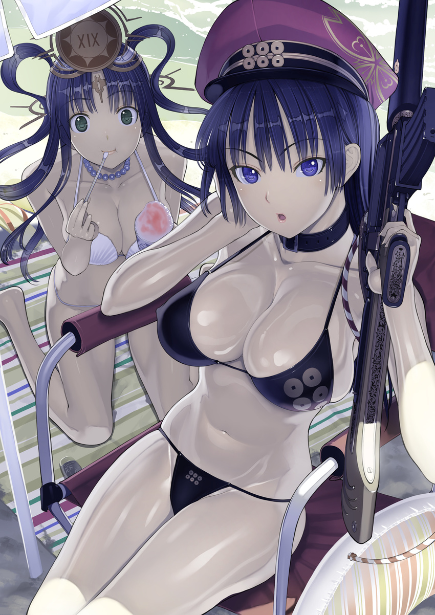 :o amaterasu_(sengoku_collection) bad_id bad_pixiv_id bikini blue_eyes blue_hair blush breasts cleavage eating green_eyes gun hair_ornament hat highres holding jewelry kakei_juuzou large_breasts long_hair multiple_girls nakabayashi_reimei necklace open_mouth rifle sengoku_collection shaved_ice shell shell_bikini sitting spoon swimsuit weapon