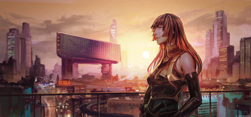 afi_(arsenixc) arsenixc bare_shoulders black_hair city city_lights cityscape cloud detached_sleeves highres hime_cut light_smile long_hair looking_away original overpass popped_collar profile railing red_sky scenery sky smoke solo sun sunset yellow_eyes