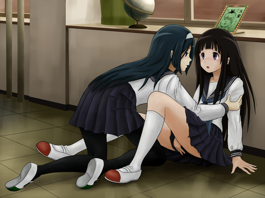 black_hair blush chitanda_eru eye_contact globe hairband highres hirondo hyouka irisu_fuyumi kneehighs long_hair looking_at_another multiple_girls pantyhose purple_eyes school_uniform serafuku shoes skirt tiles uwabaki white_legwear yuri