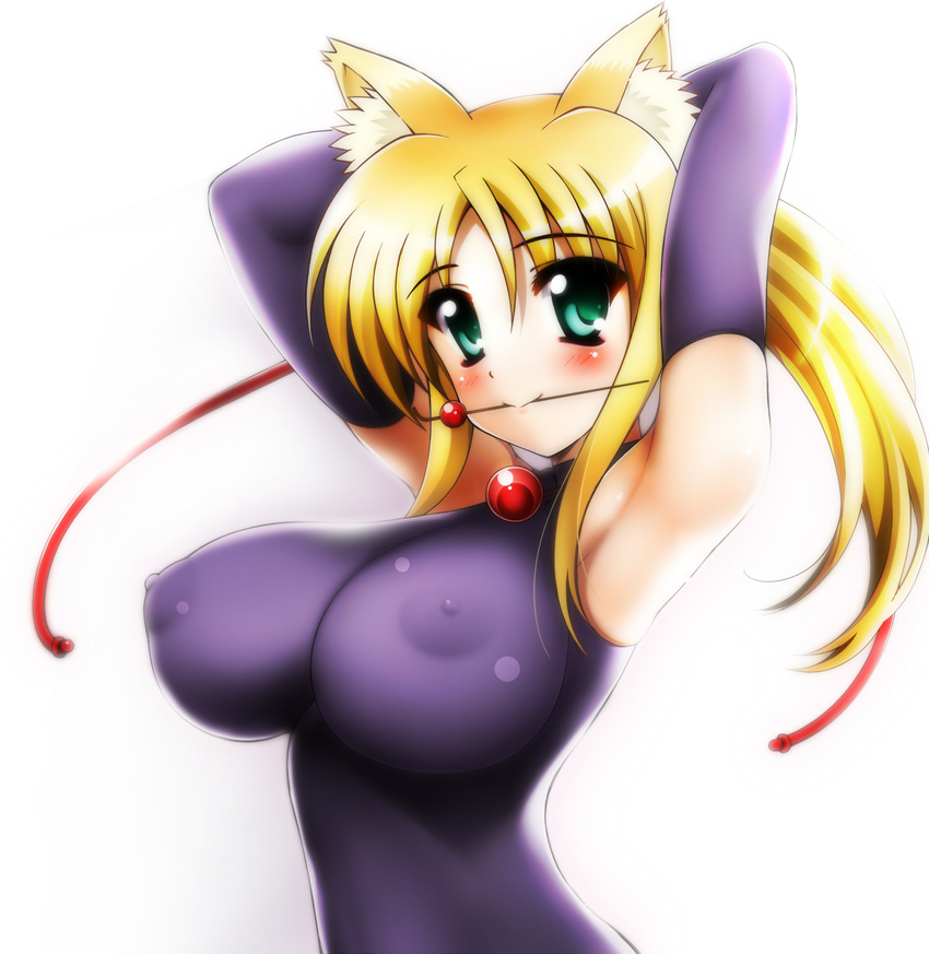 airando animal_ears armpits arms_up blonde_hair blush breasts covered_nipples dog_days elbow_gloves fox_ears gloves green_eyes highres impossible_clothes large_breasts long_hair looking_at_viewer mouth_hold nipples puffy_nipples see-through simple_background skin_tight smile solo white_background yukikaze_panettone