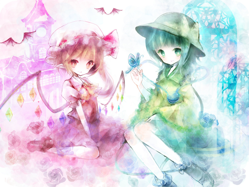 bad_id bad_pixiv_id bat blue_flower blue_rose bug building butterfly eyeball flandre_scarlet flower hat insect komeiji_koishi kotarou_(5ta6o0m) multiple_girls no_nose pointy_ears purple_flower purple_rose rose short_hair side_ponytail sitting third_eye touhou wings