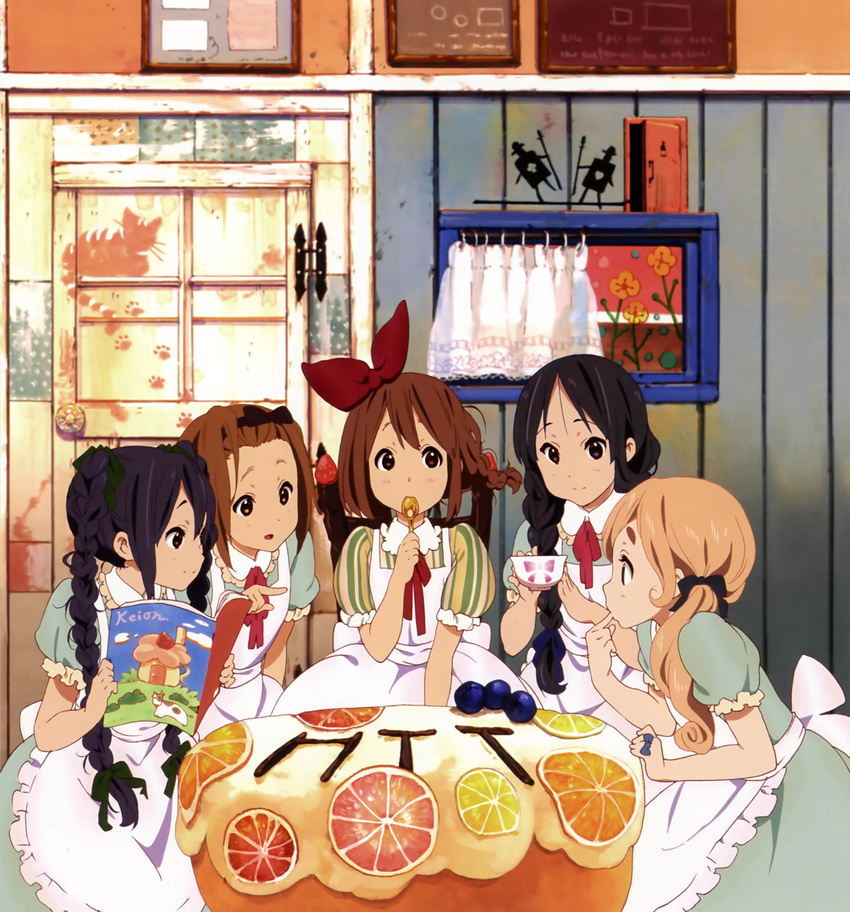 akiyama_mio black_eyes black_hair blonde_hair blue_eyes blueberry bow braid brown_eyes brown_hair cup food fruit grapefruit hair_over_shoulder hair_ribbon highres hirasawa_yui k-on! kotobuki_tsumugi lemon long_hair multiple_girls nakano_azusa official_art open_mouth orange orange_slice pointing ribbon round_teeth scan single_braid spoon spoon_in_mouth tainaka_ritsu teacup teeth twin_braids