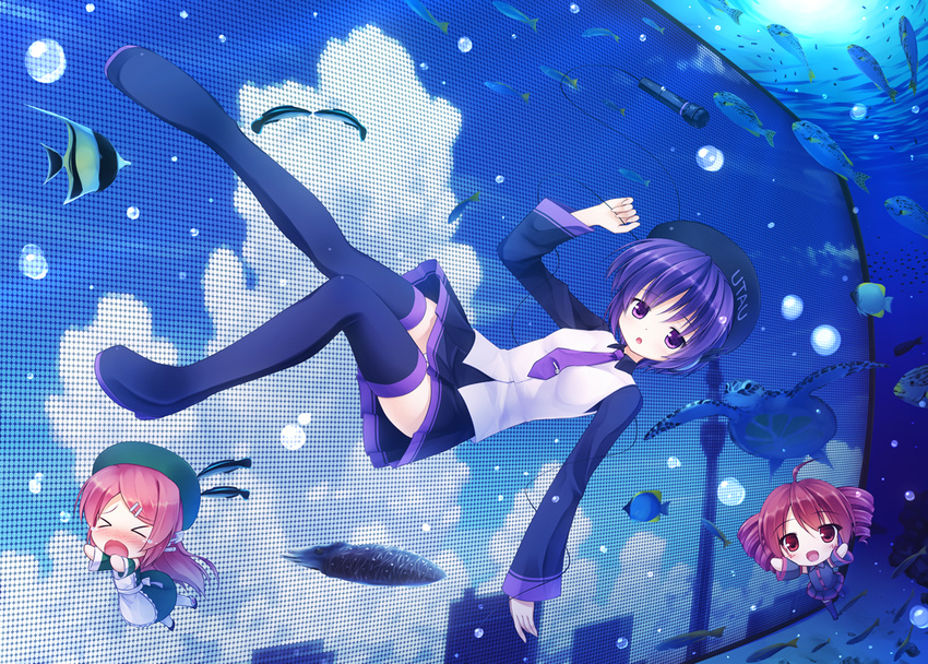 &gt;_&lt; :d ahoge blush bubble chibi closed_eyes drill_hair fish hat kasane_teto microphone momone_momo multiple_girls necktie open_mouth outstretched_arms pink_hair purple_eyes purple_hair purple_legwear red_eyes red_hair skirt smile tears thighhighs turtle twin_drills twintails underwater utane_uta utau yuku_(kiollion)