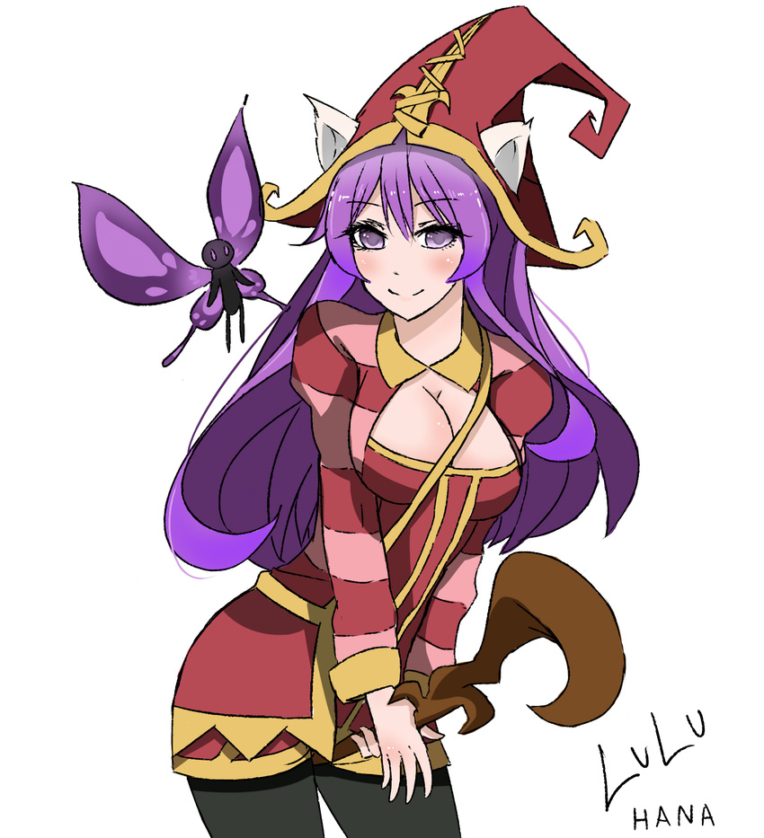 animal_ears artist_name bad_id bad_pixiv_id blush breasts character_name cleavage fairy hat highres large_breasts league_of_legends long_hair lulu_(league_of_legends) multicolored multicolored_stripes older pantyhose pix purple_eyes purple_hair sheam09 smile staff strap striped wings