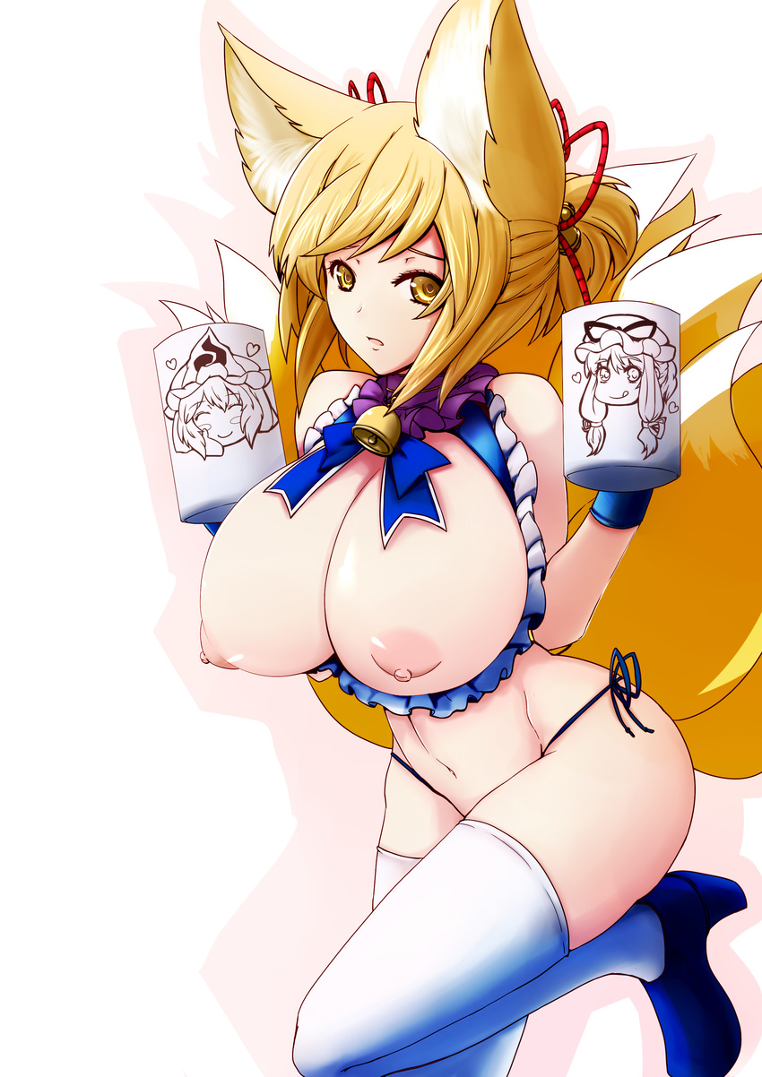absurdres animal_ears bell blonde_hair breasts cup dearmybrothers fox_ears fox_tail highres holding huge_breasts leg_up looking_at_viewer multiple_tails nipples saigyouji_yuyuko simple_background solo tail thighhighs touhou white_background white_legwear yakumo_ran yakumo_yukari yellow_eyes