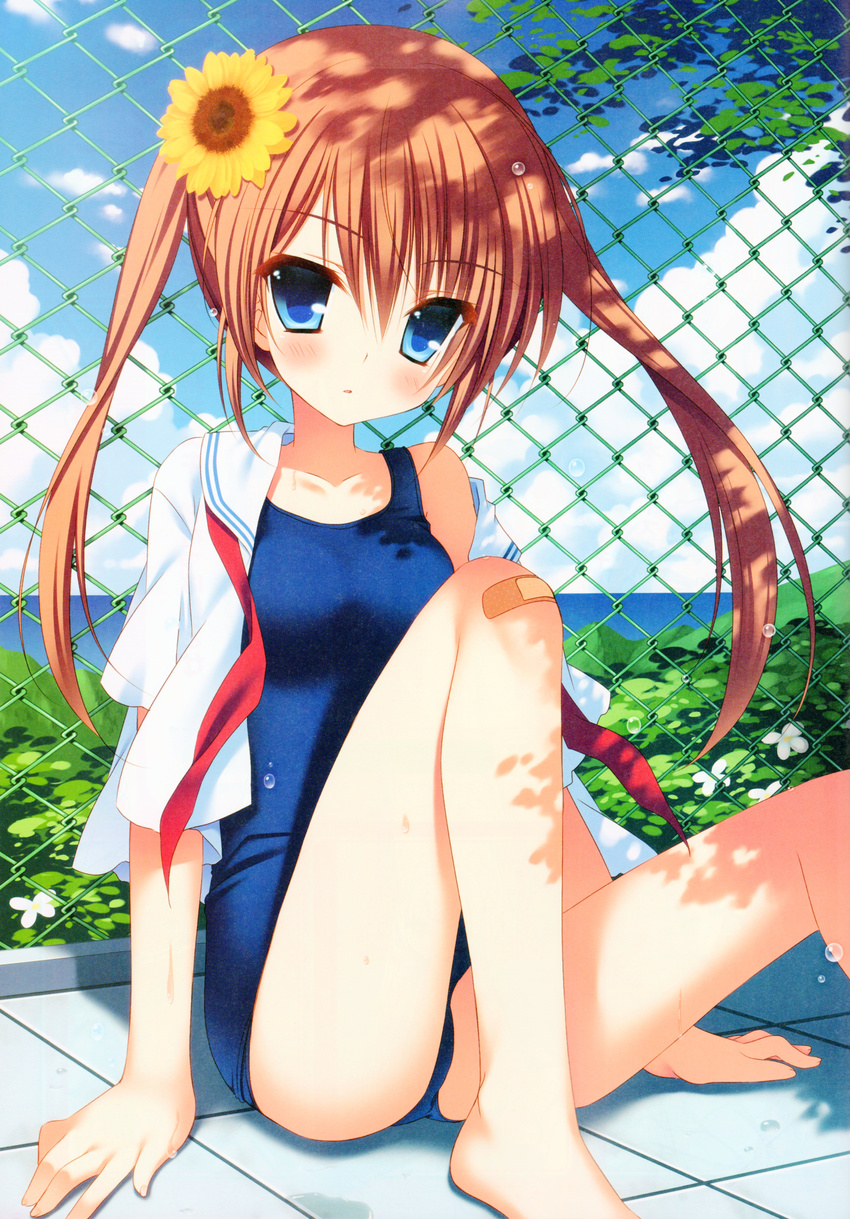 :o absurdres bandaid bandaid_on_knee blue_eyes brown_hair chain-link_fence cloud day dress_shirt fence flower hair_flower hair_ornament highres legs nanaka_mai one-piece_swimsuit open_clothes open_shirt original outdoors parted_lips scan school_swimsuit school_uniform serafuku shirt sitting sky solo sunflower swimsuit two_side_up
