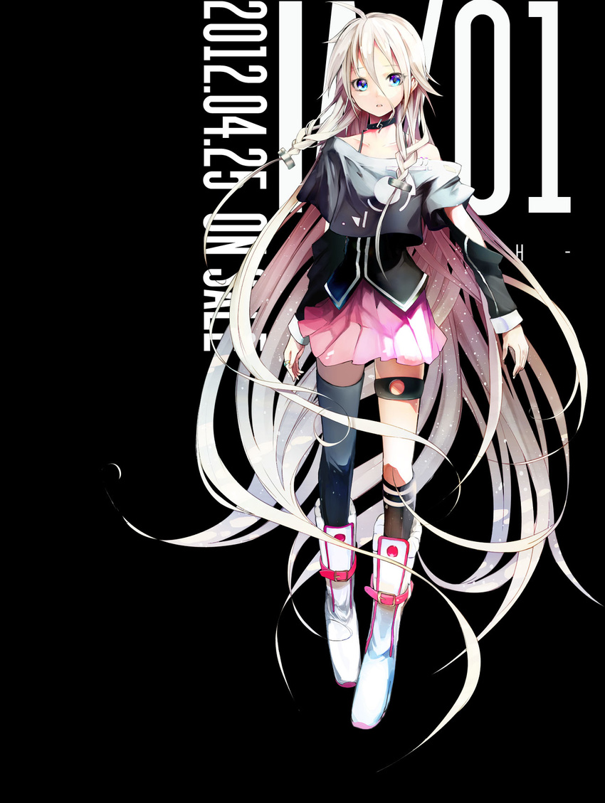 akasaka_aka aqua_eyes bare_shoulders bikini black_bikini boots braid choker detached_sleeves full_body highres ia_(vocaloid) knee_boots long_hair looking_at_viewer number off_shoulder pink_hair simple_background single_thighhigh skirt solo swimsuit thigh_strap thighhighs twin_braids very_long_hair vocaloid white_footwear