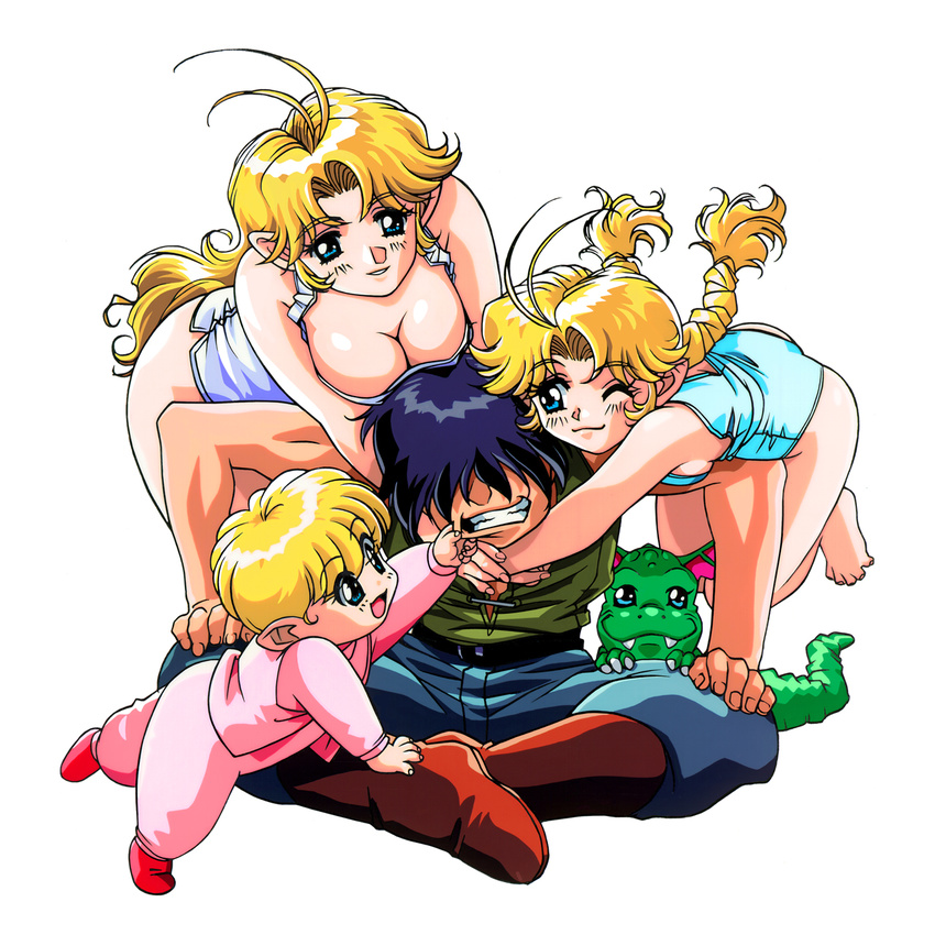 3girls 90s antenna_hair arima_takuya blonde_hair blue_eyes breast_rest breasts breasts_on_head child cleavage dragon family good_end highres hug indian_style kono_yo_no_hate_de_koi_wo_utau_shoujo_yu-no multiple_girls older one_eye_closed pajamas pointy_ears ponytail sayless sideboob sitting twintails yu-no