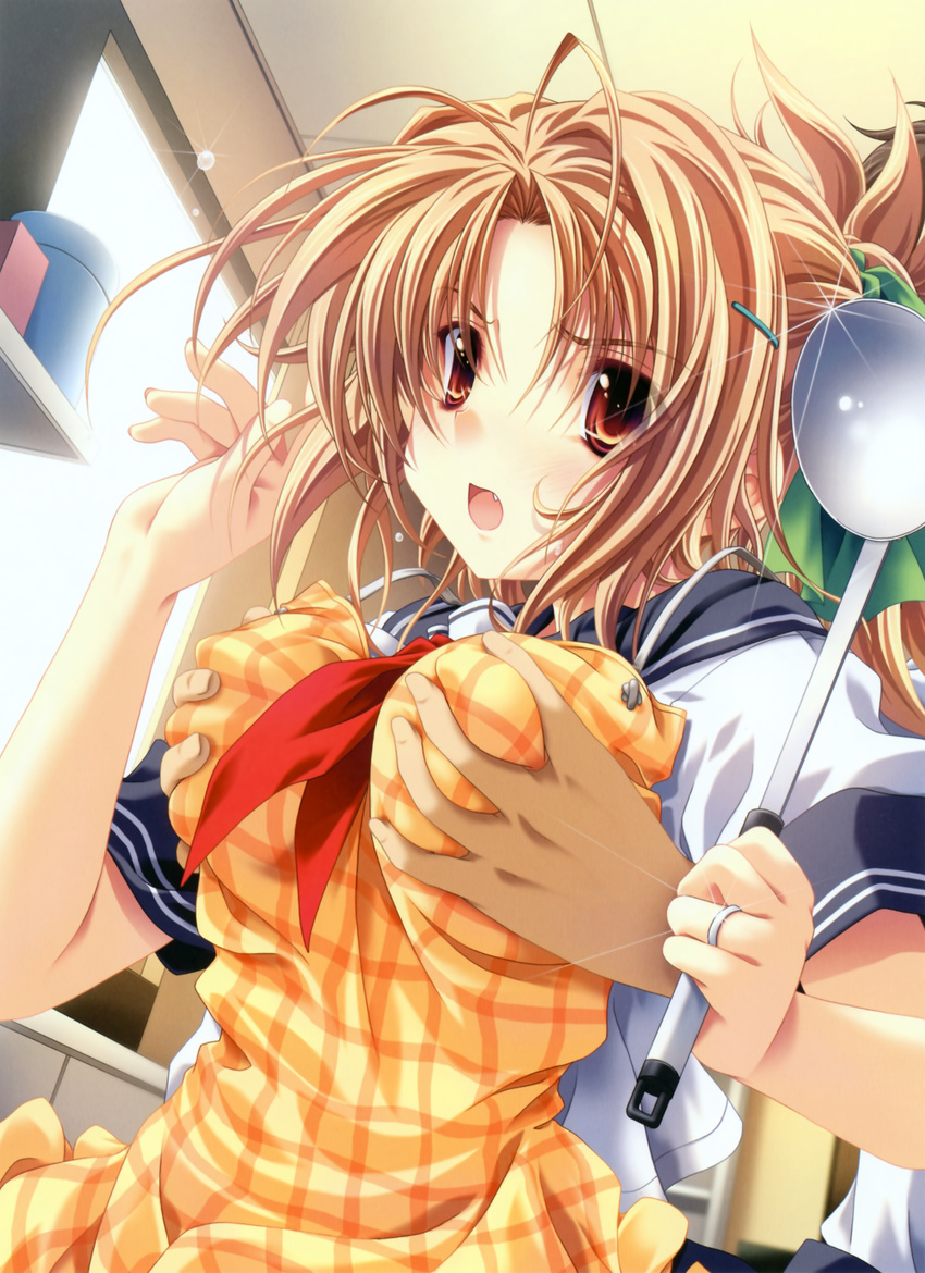 1girl absurdres antenna_hair apron blonde_hair breast_grab brown_eyes brown_hair copyright_request d: fang from_behind grabbing hair_ornament hairclip highres jewelry ladle lens_flare miyama-zero open_mouth plaid red_eyes ring school_uniform serafuku