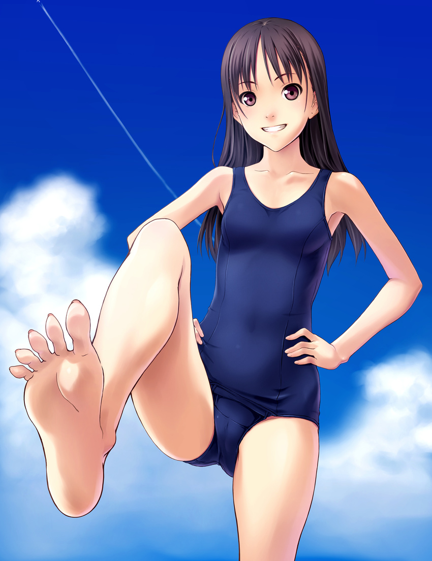 absurdres barefoot black_hair brown_eyes cloud condensation_trail covered_navel day feet grin hands_on_hips highres long_hair norizou_type-r one-piece_swimsuit original pov_feet school_swimsuit sky smile soles solo spread_toes swimsuit toenails toes wiggling_toes
