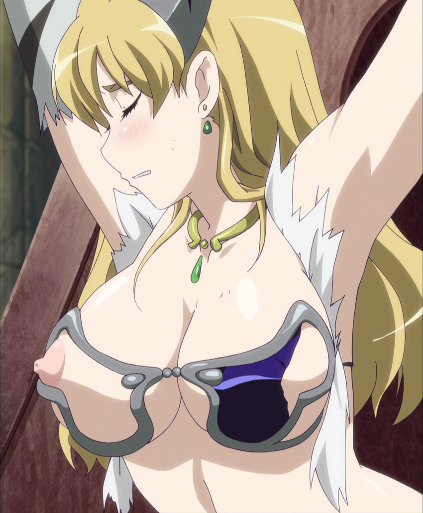 armor blonde_hair breasts chains earrings elina eyes_closed female highres jewelry long_hair necklace nipples queen's_blade queen's_blade solo torn_clothes