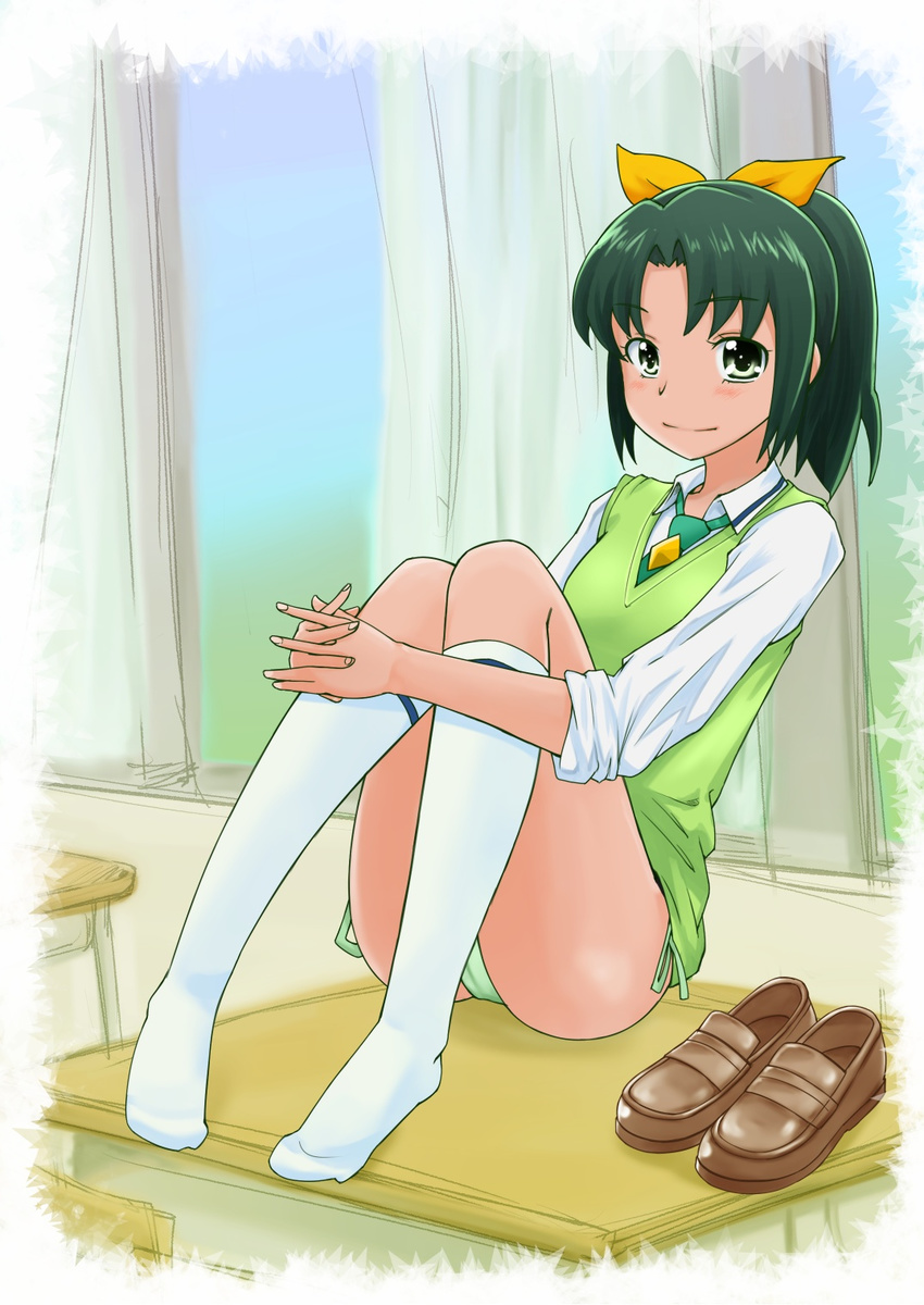 bad_id bad_pixiv_id blush desk green_eyes green_hair hair_ribbon hands_clasped highres leg_hug loafers magical_girl midorikawa_nao no_pants own_hands_together panties ponytail precure ribbon school_uniform shoes shoes_removed short_hair side-tie_panties sleeves_rolled_up smile smile_precure! solo suzushiro_nazuna underwear