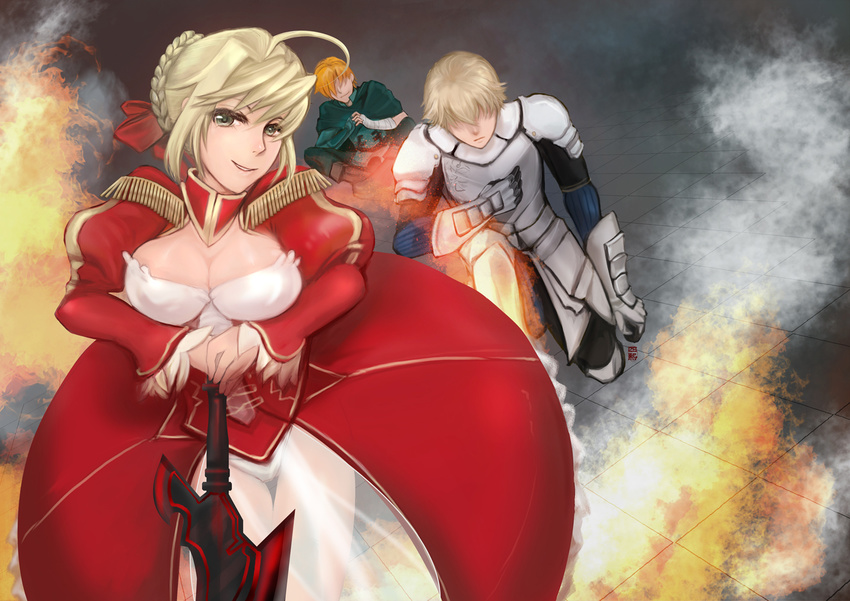 2boys 4cccc aestus_estus ahoge armor blonde_hair breasts cape cleavage dress epaulettes fate/extra fate_(series) gawain_(fate/extra) green_eyes hair_over_eyes hair_ribbon multiple_boys nero_claudius_(fate) nero_claudius_(fate)_(all) orange_hair ribbon robin_hood_(fate) sword weapon