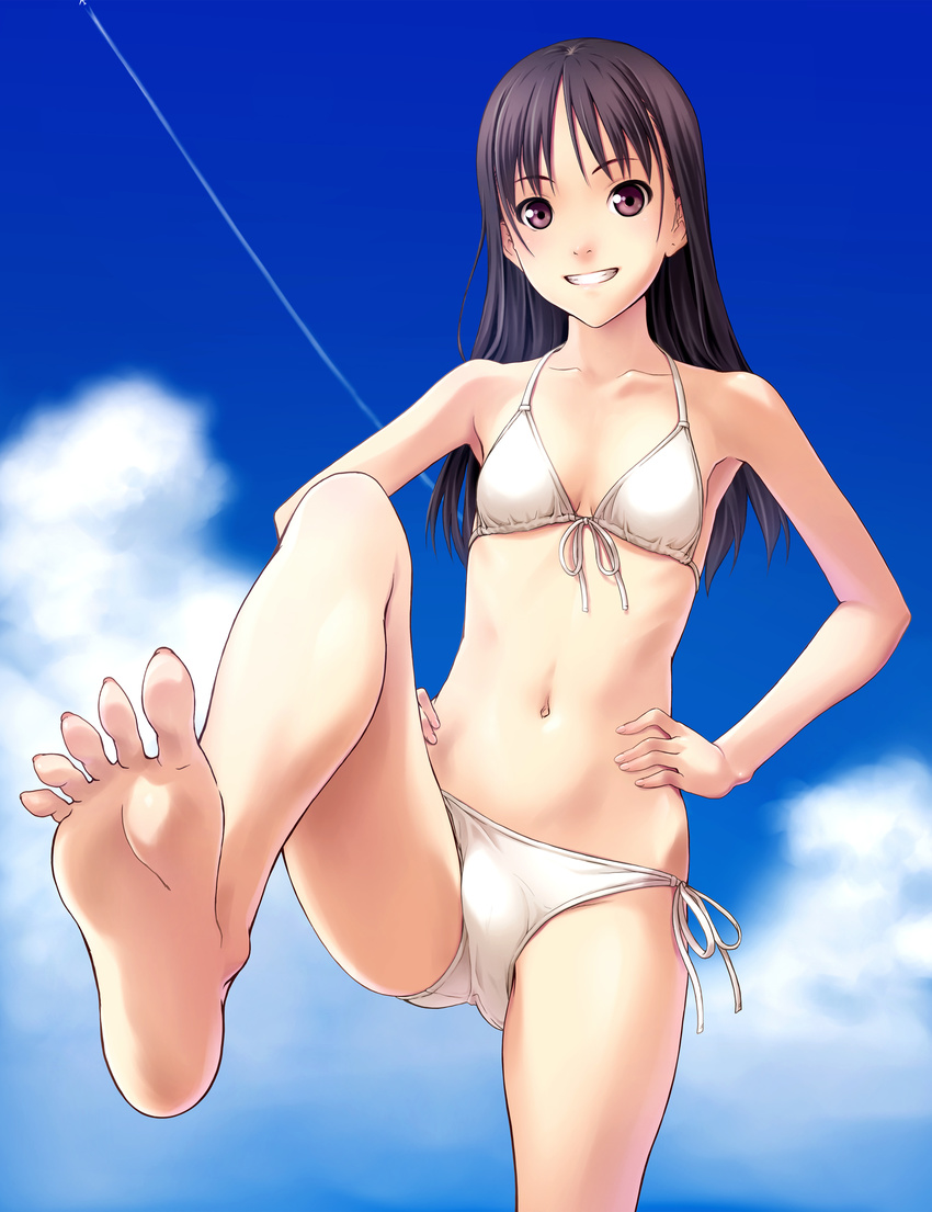 absurdres aircraft airplane barefoot bikini black_hair brown_eyes cloud condensation_trail day feet front-tie_top grin hands_on_hips highres long_hair navel norizou_type-r original pov_feet side-tie_bikini sky smile soles solo spread_toes swimsuit toenails toes wiggling_toes