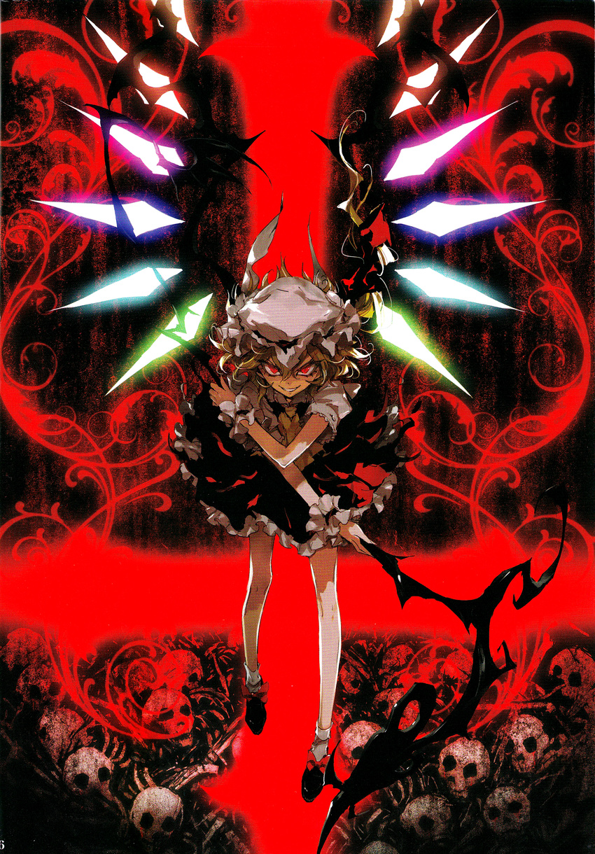 absurdres blonde_hair bonnet cropped flandre_scarlet highres long_hair minakata_sunao red_eyes scan scanlines side_ponytail skull solo touhou wings